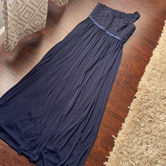David Bridal One Shoulder Lace Navy Maxi Dress - Picture 5 of 8